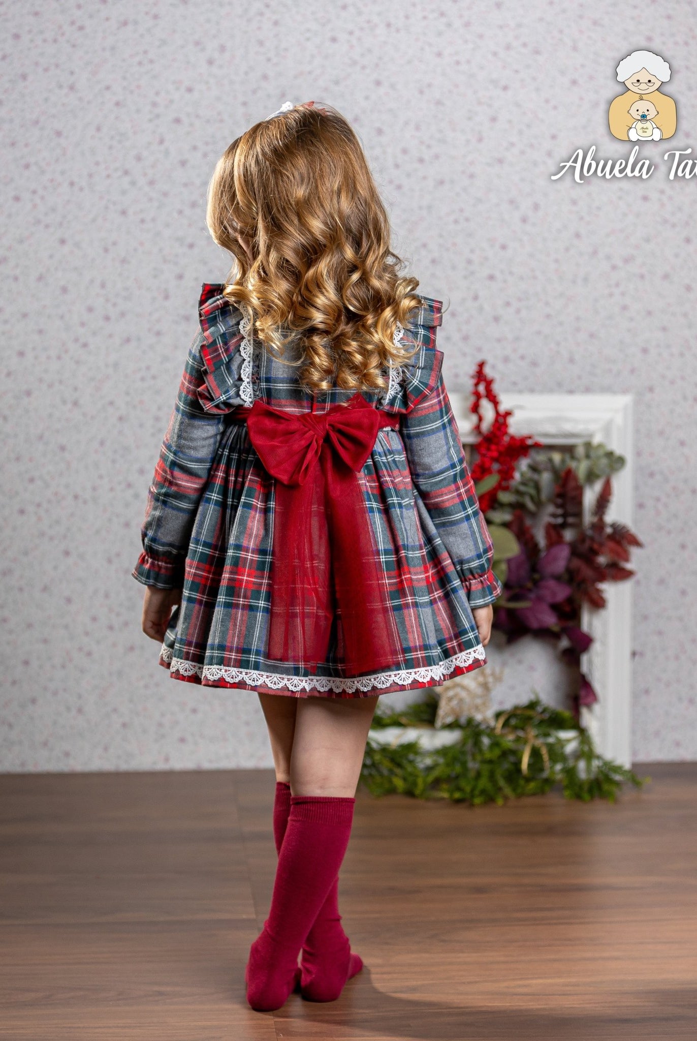 Abuela Tata AW25 - Girls Grey & Red Tartan Dress & Headpiece
