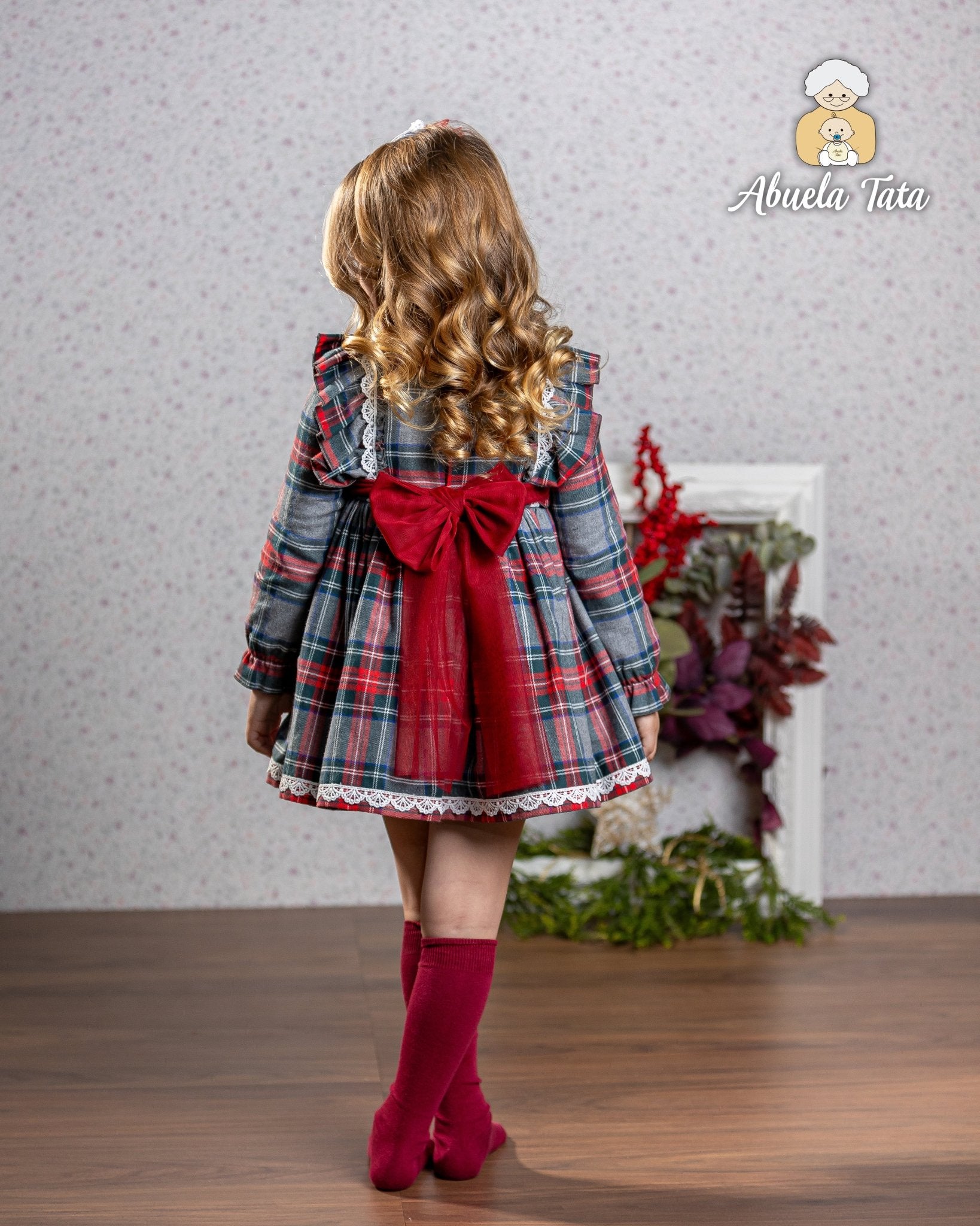 Abuela Tata AW25 - Girls Grey & Red Tartan Dress & Headpiece