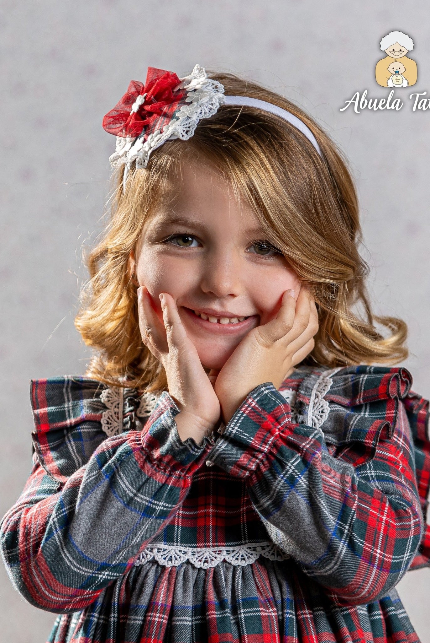 Abuela Tata AW25 - Girls Grey & Red Tartan Dress & Headpiece