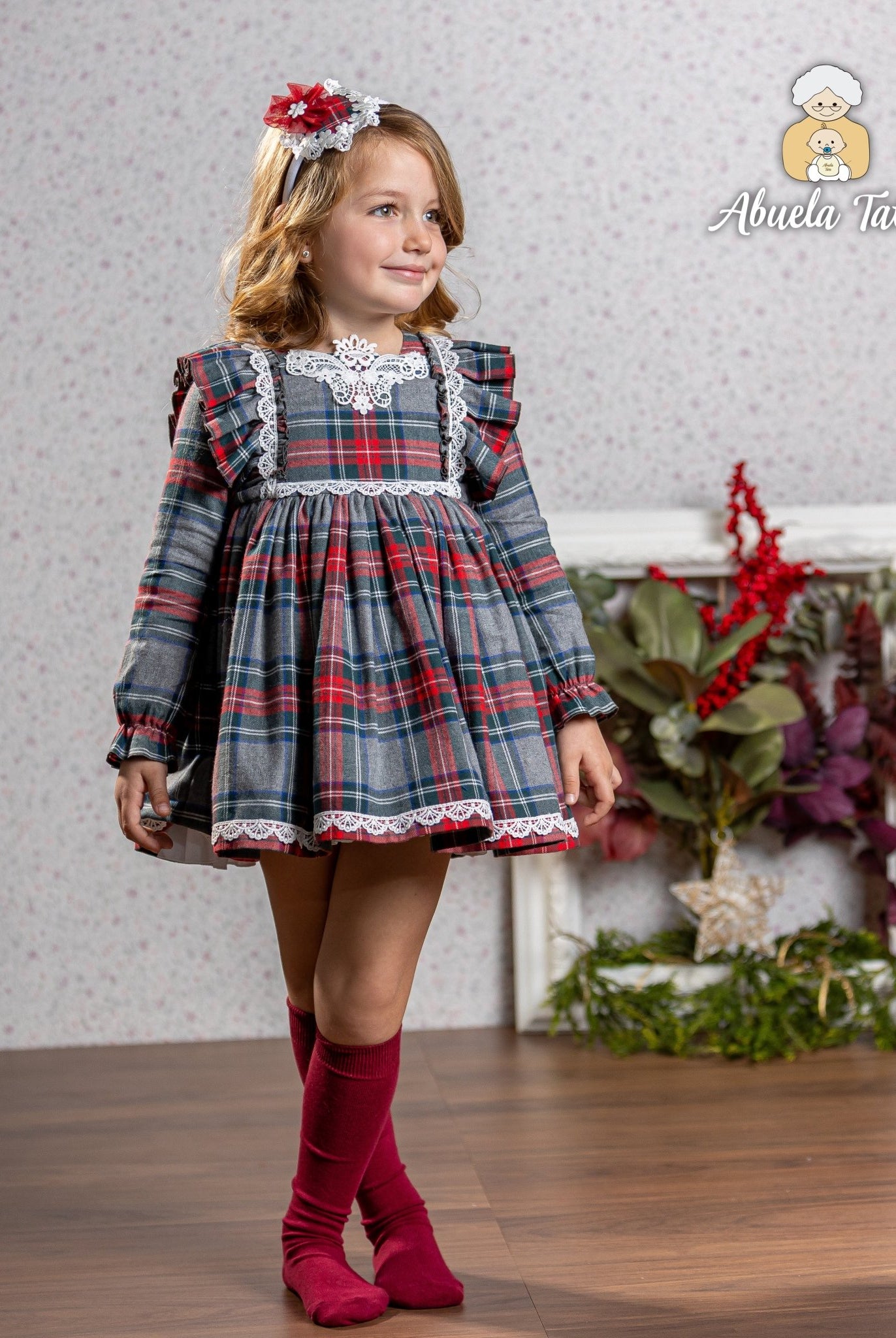 Abuela Tata AW25 - Girls Grey & Red Tartan Dress & Headpiece