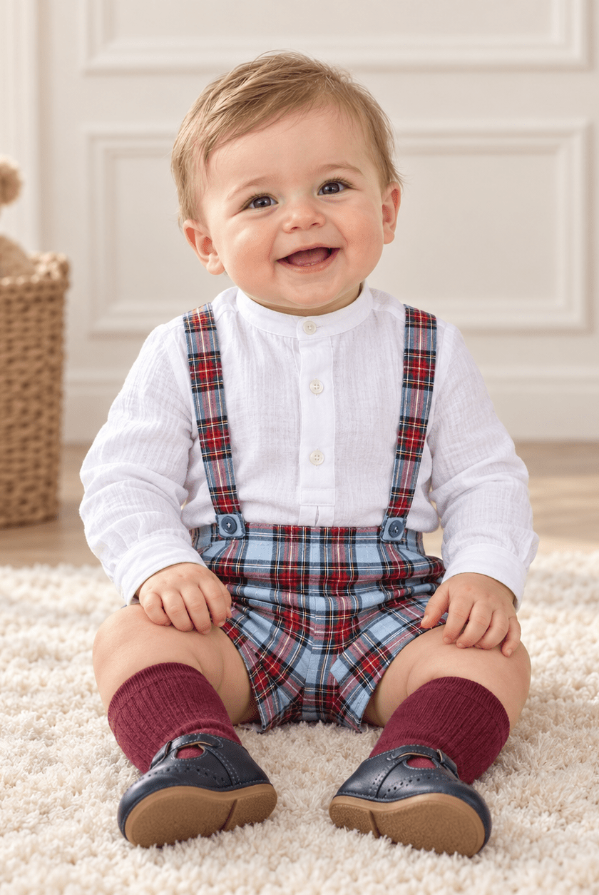 Abuela Tata Baby Boys Blue & Red Tartan Christmas Set 6M | Clearance Sale