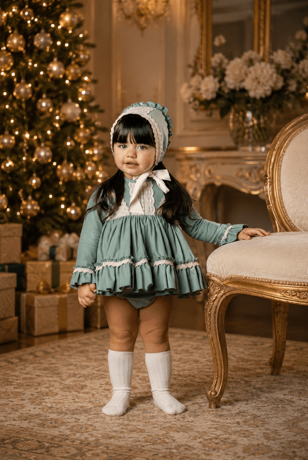 Abuela Tata Baby Girls Green & Ivory Dress, Knickers and Bonnet | AW26 PRE-ORDER