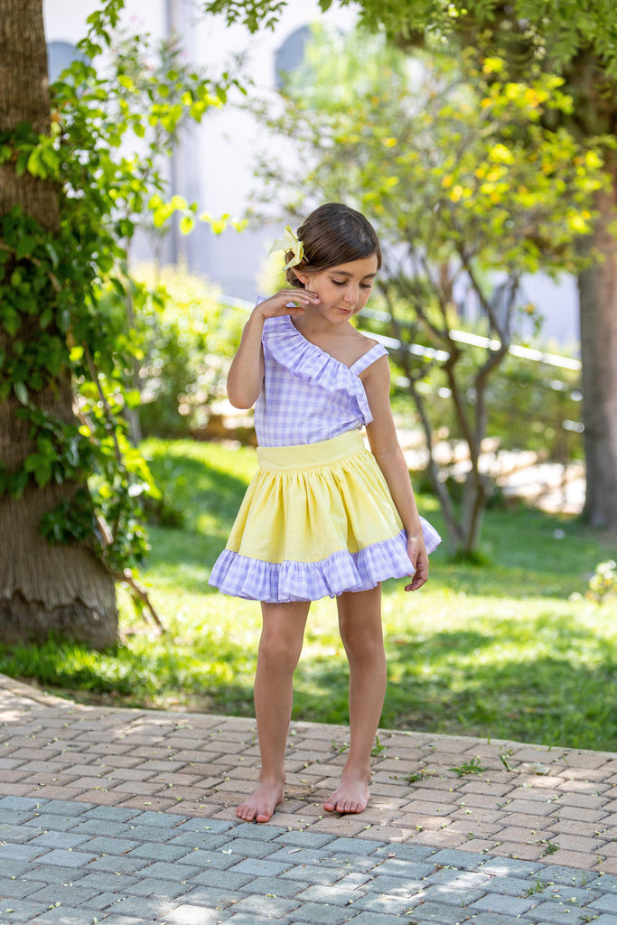 Abuela Tata SS24 - Girls Lilac Check and Yellow Skirt & Blouse Set 353 - Mariposa Children's Boutique
