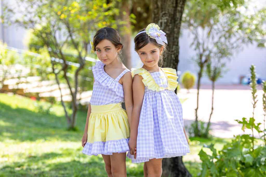 Abuela Tata SS24 - Girls Lilac Check and Yellow Skirt & Blouse Set 353 - Mariposa Children's Boutique