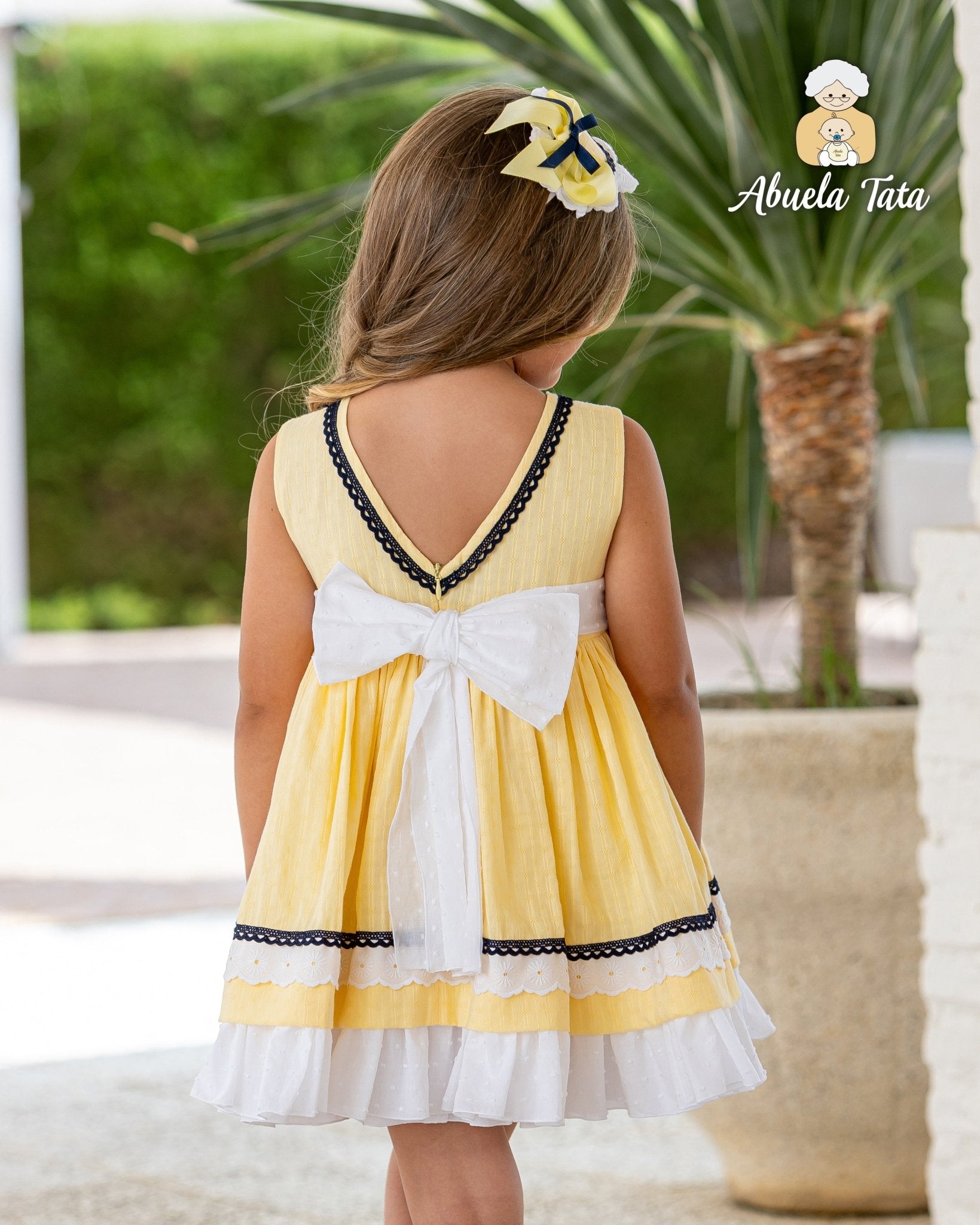 Abuela Tata SS26 girls yellow, white and navy occasion dress UK boutique