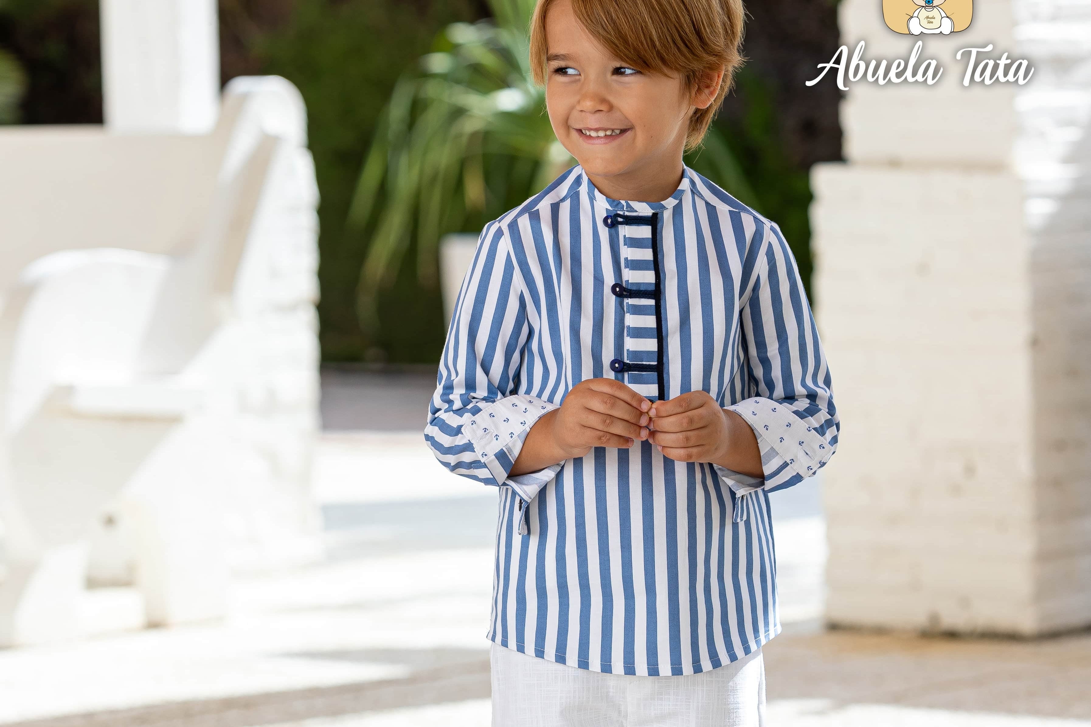 Abuela Tata SS26 boys white and navy shorts and shirt Summer outfit