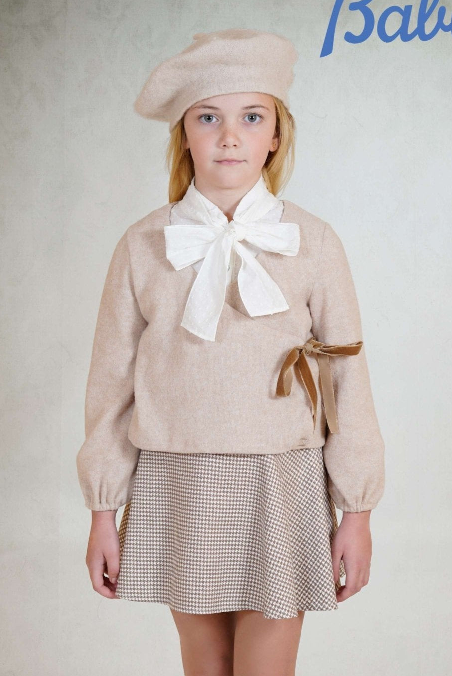 Babine AW25 PRE - ORDER - Girls Camel Check Skirt Set, Blouse & Jumper Set