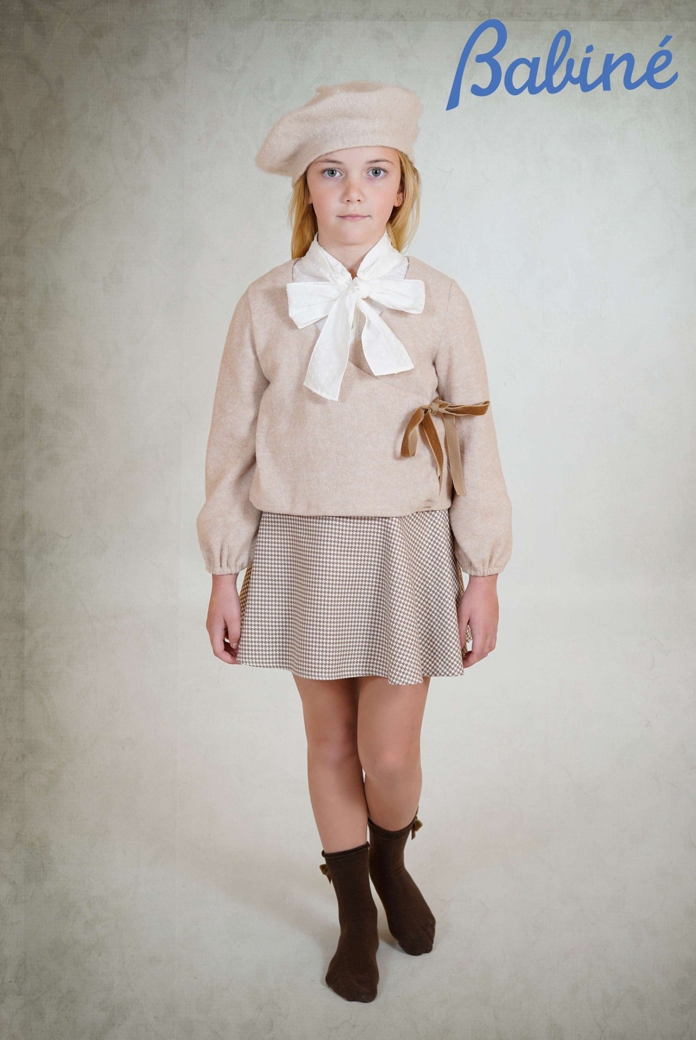 Babine AW25 PRE - ORDER - Girls Camel Check Skirt Set, Blouse & Jumper Set