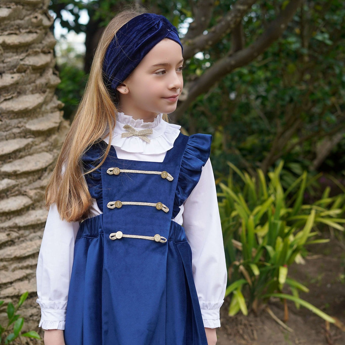 Babine Girls Navy & Gold Velvet Pinafore Dress & Blouse | Clearance Sale, 5yr Babine Girls Navy & Gold Velvet Pinafore Dress & Blouse | Clearance Sale, 5yr