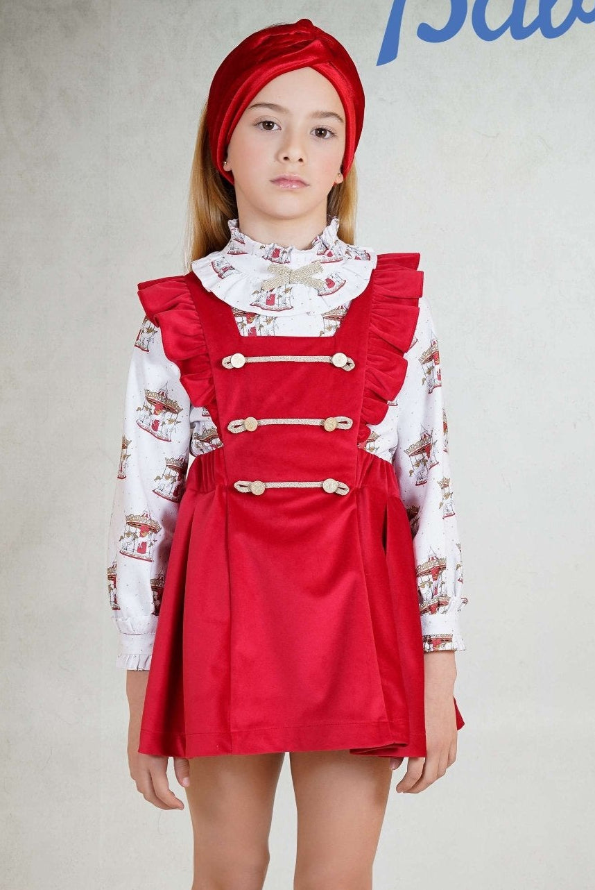 Babine AW25 PRE - ORDER - Girls Red & Gold Pinafore Dress & Blouse