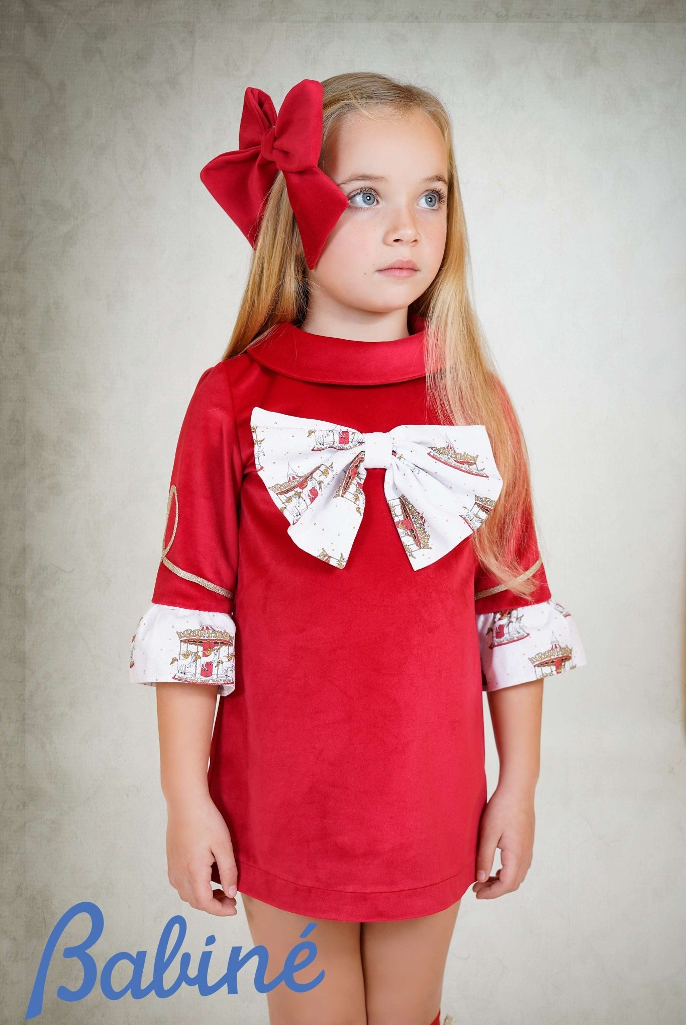 Babine AW25 PRE - ORDER - Girls Red Velvet Dress with Bow Detail