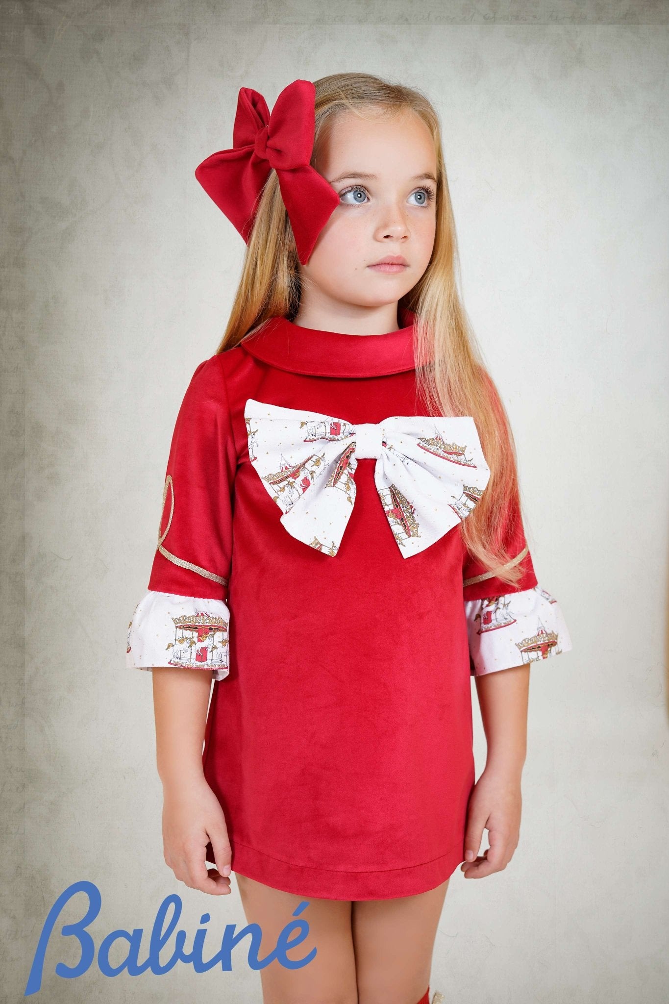 Babine AW25 PRE - ORDER - Girls Red Velvet Dress with Bow Detail