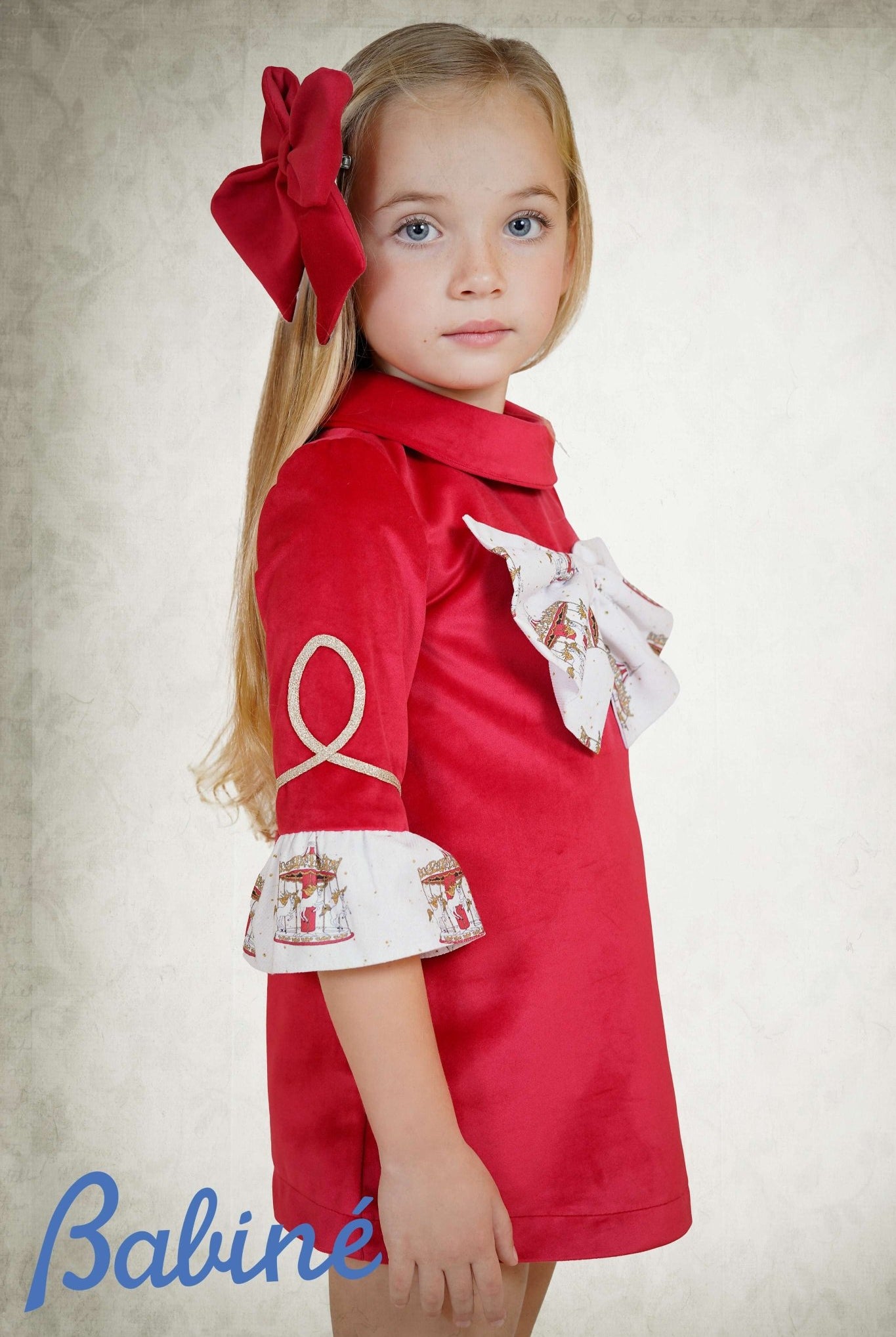 Babine AW25 PRE - ORDER - Girls Red Velvet Dress with Bow Detail