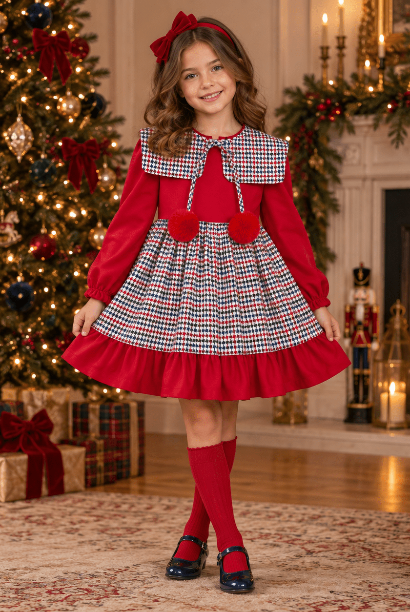 Babine Girls Red & Navy Dogtooth Dress Age 10 | Clearance Sale