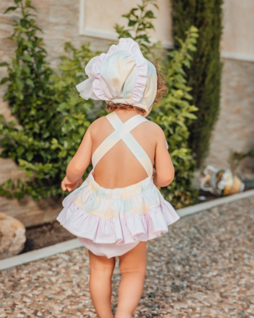 Babine SS24 - Baby Girls Pastel Romper Suit with Ruffles & Matching Bonnet - Mariposa Children's Boutique