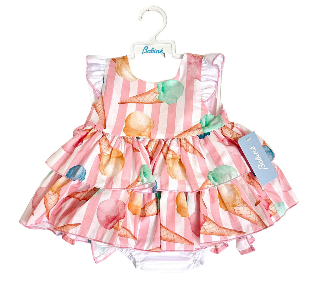 Babine SS24 - Baby Girls Pink Ice-Cream Dress, Knickers & Bonnet - Mariposa Children's Boutique