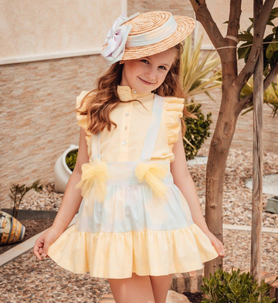 Babine SS24 - Girls Yellow Pastel Blouse & Pinafore Skirt Set - Mariposa Children's Boutique