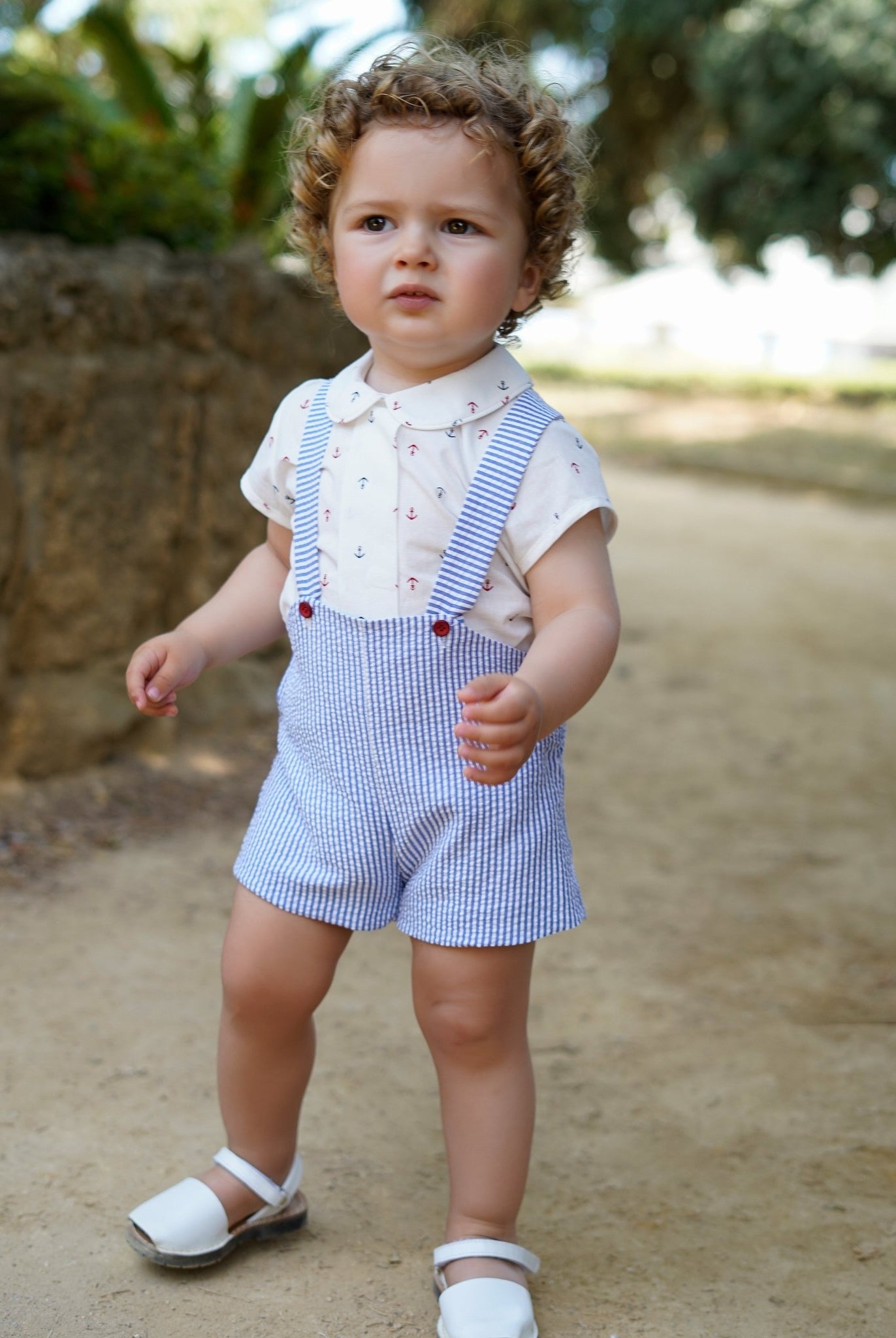 Babine SS26 Baby boy anchor collection short dungarees and matching shirt set.