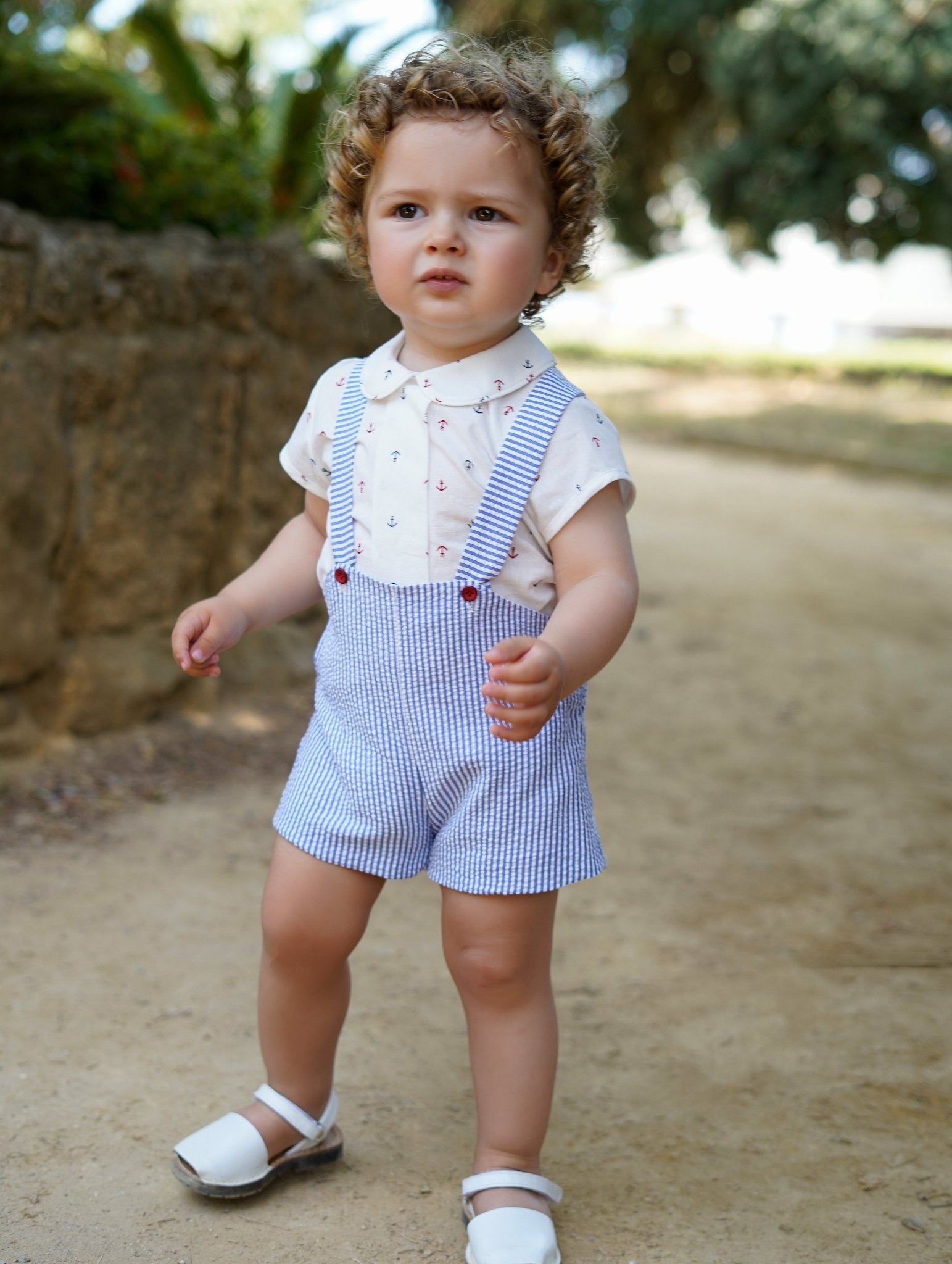 Babine SS26 Baby boy anchor collection short dungarees and matching shirt set.