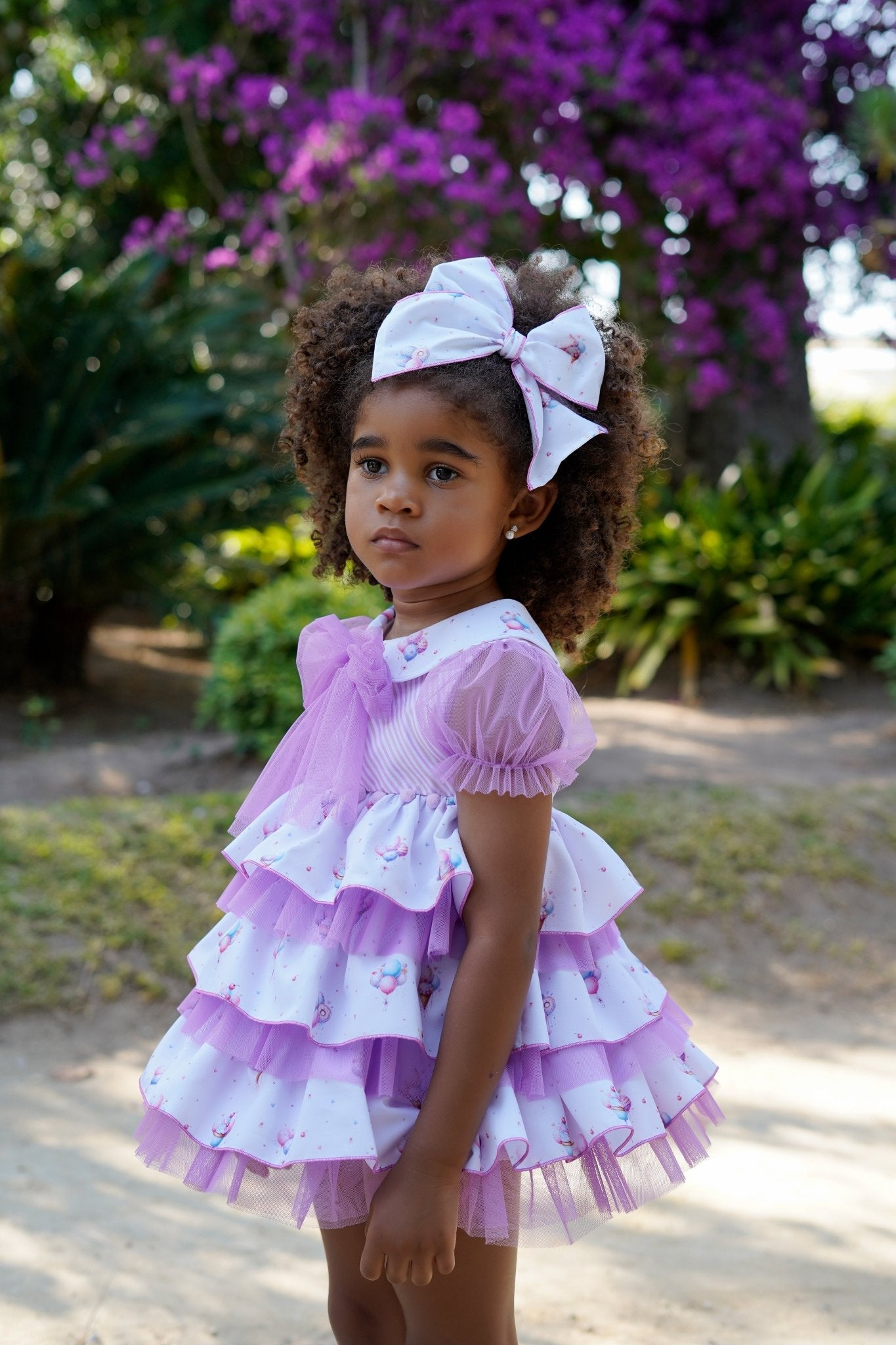 Babine SS26 Girls Lilac Balloons Collection Ruffled Tiered and Tulle Dress in Lilac.