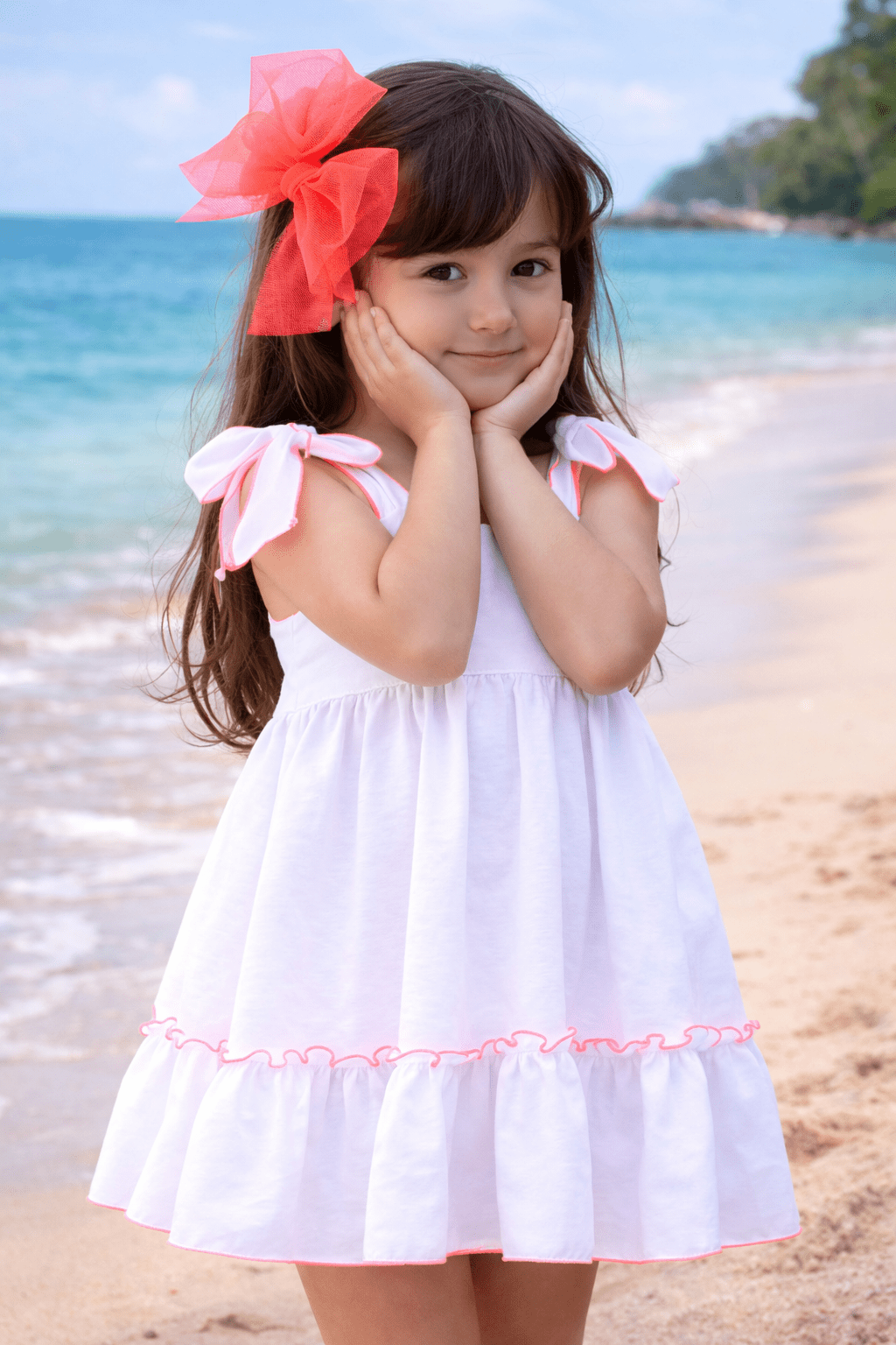Babine SS26 PRE - ORDER - Girls White & Neon Orange Trim Dress