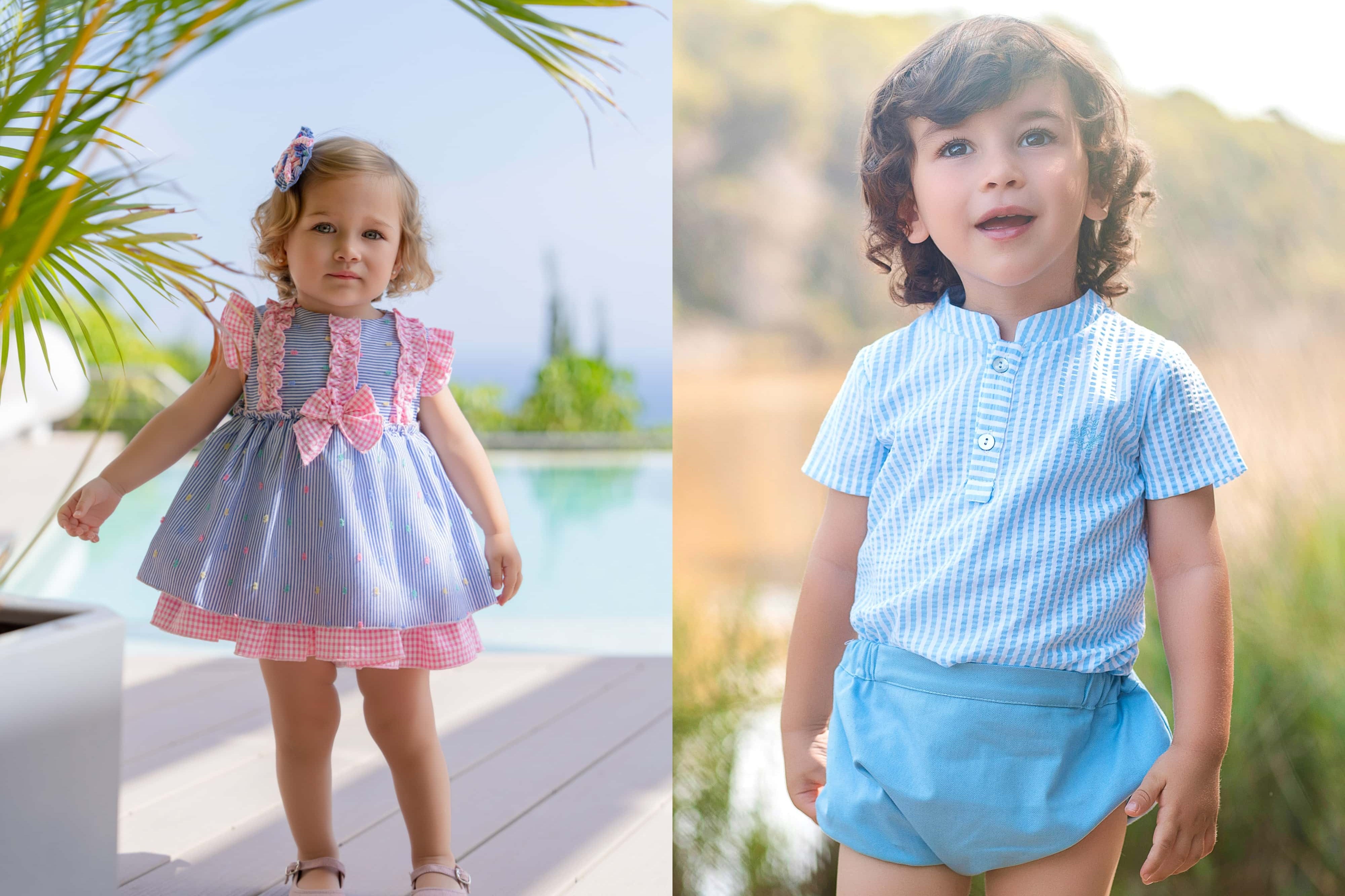 SS26 baby boy and baby girl's outfits by Spanish brands for summer holidays.