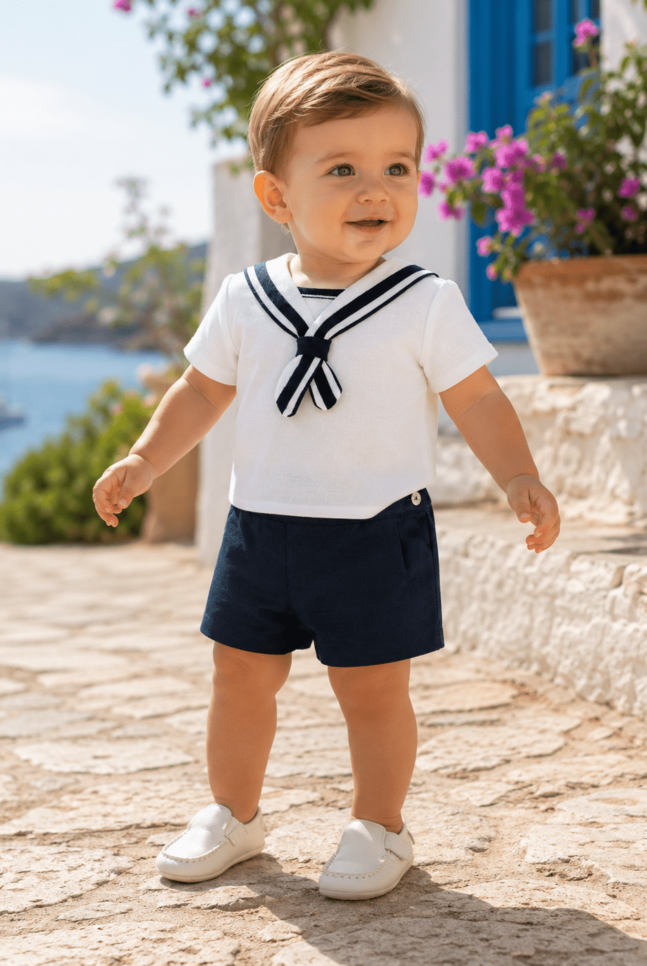 A toddler boy wearing a white short-sleeve sailor shirt with navy blue trim and a matching navy blue shorts, standing outdoors on a stone path near a blue window and potted flowers.