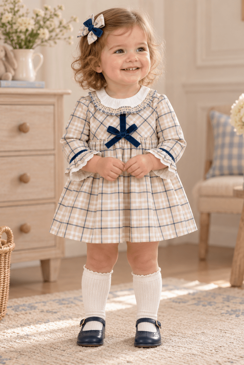 Basmarti Baby Girls Beige Check Dress with Blue Bow | AW26