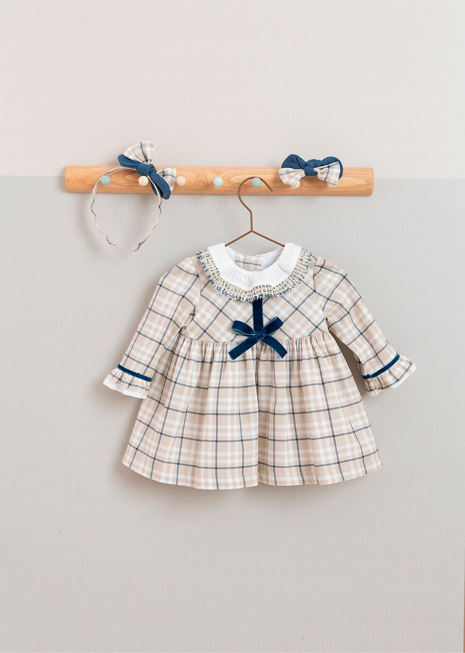 Basmarti Baby Girls Beige Check Dress with Blue Bow | AW26