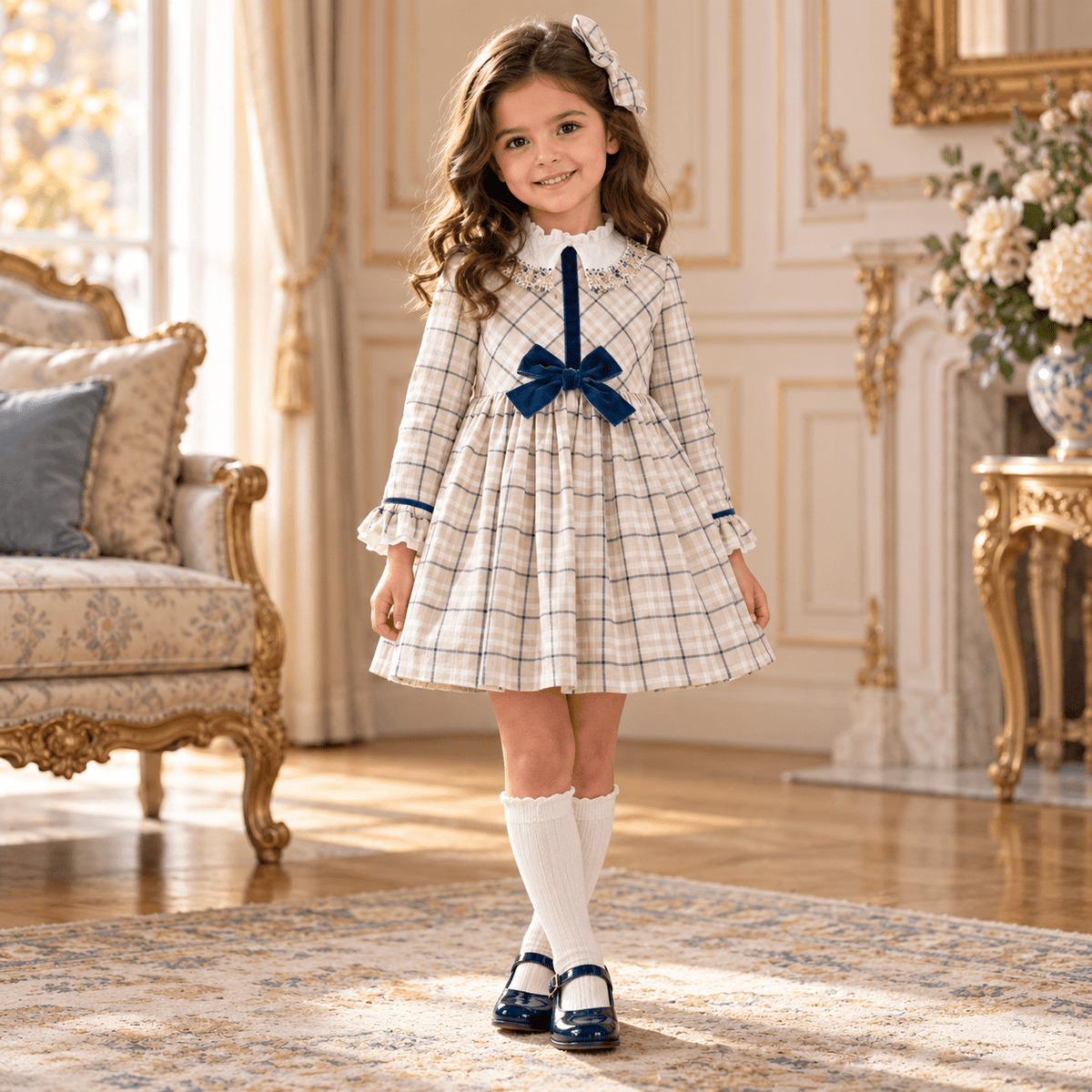 A young girl stands in an ornate, elegant room wearing a cream and navy plaid dress with a large navy bow at the waist, white knee-high socks, and navy Mary Jane shoes.