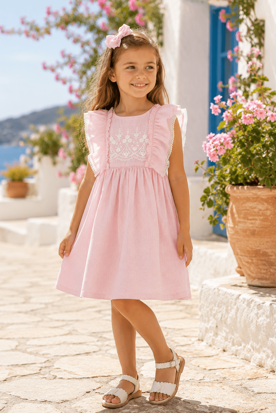 A young girl stands on a sunlit stone walkway wearing a light pink sleeveless dress with ruffled shoulders and a white embroidered bodice. White sandals and a pink bow in her hair are visible, with white buildings, blue flowers, and the sea in the background.