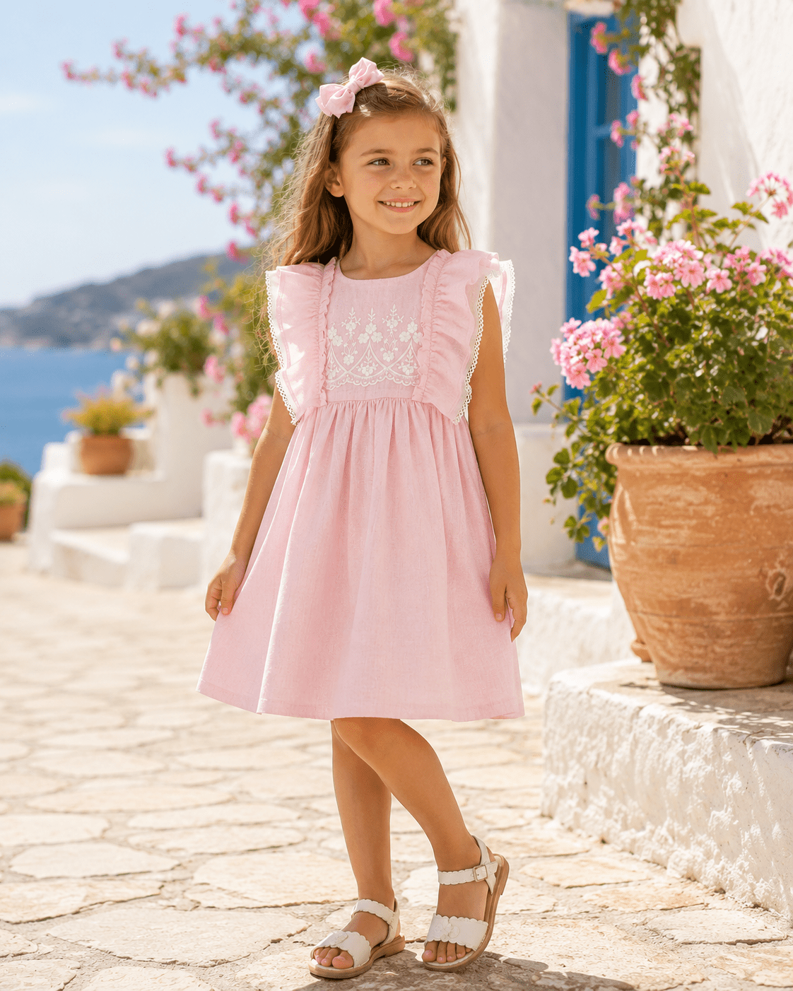 A young girl stands on a sunlit stone walkway wearing a light pink sleeveless dress with ruffled shoulders and a white embroidered bodice. White sandals and a pink bow in her hair are visible, with white buildings, blue flowers, and the sea in the background.