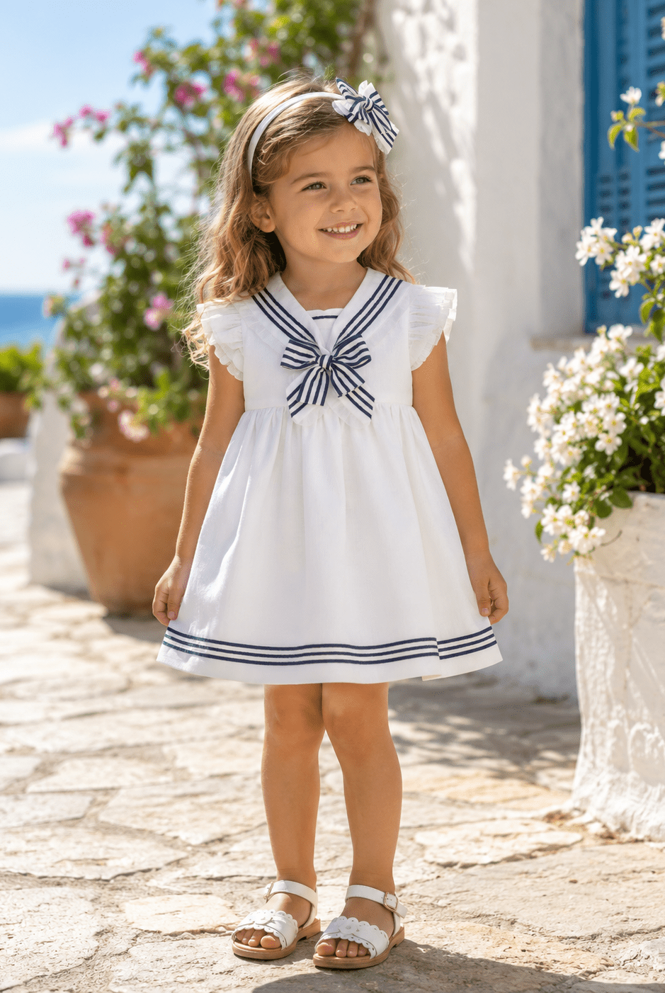 A young girl wearing a white sleeveless sailor-style dress with navy blue trim and a matching headband, standing outdoors on a stone path with flowers and a blue shuttered window in the background.
