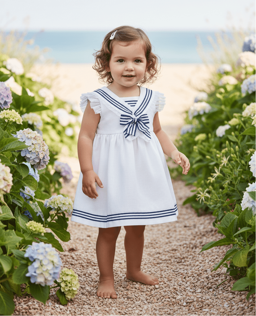 Baby Girl wearing a white and navy Summer dress with a beach and sea background.