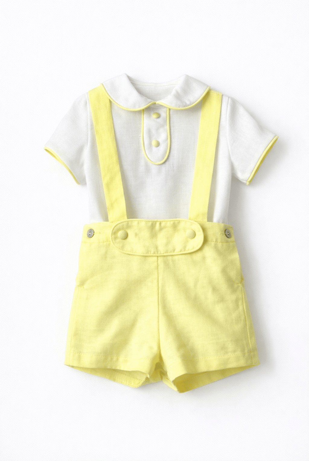 Basmarti SS26 baby boys yellow shorts set with white Peter Pan collar shirt and lemon suspender shorts, traditional Spanish children’s wear outfit for 3–48 months.