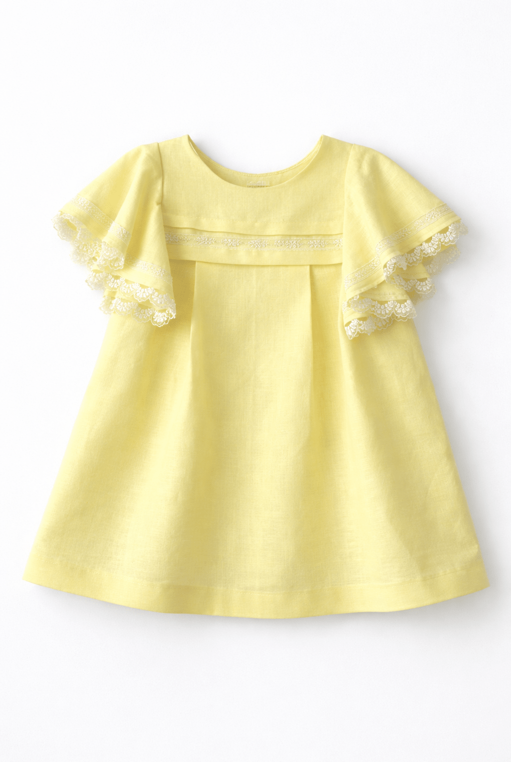 Basmarti SS26 girls lemon yellow dress with lace trim sleeves, Spanish children's wear summer occasion dress.
