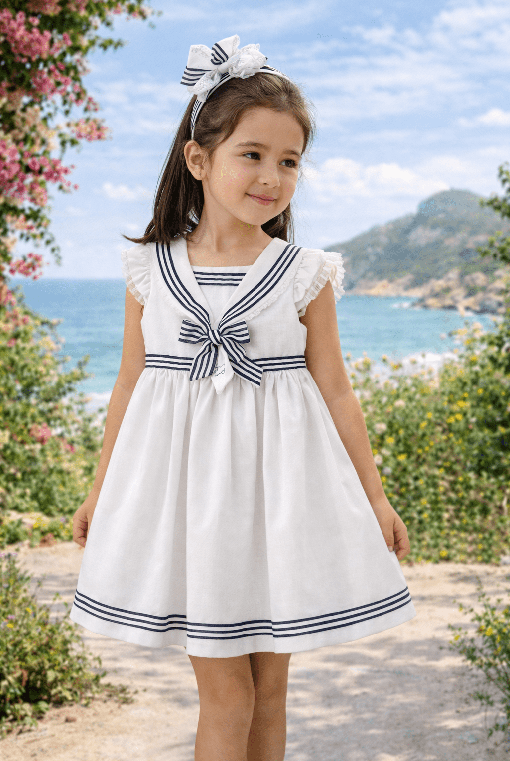 Basmarti SS26 - Girls Siroko White & Navy Sailor Dress