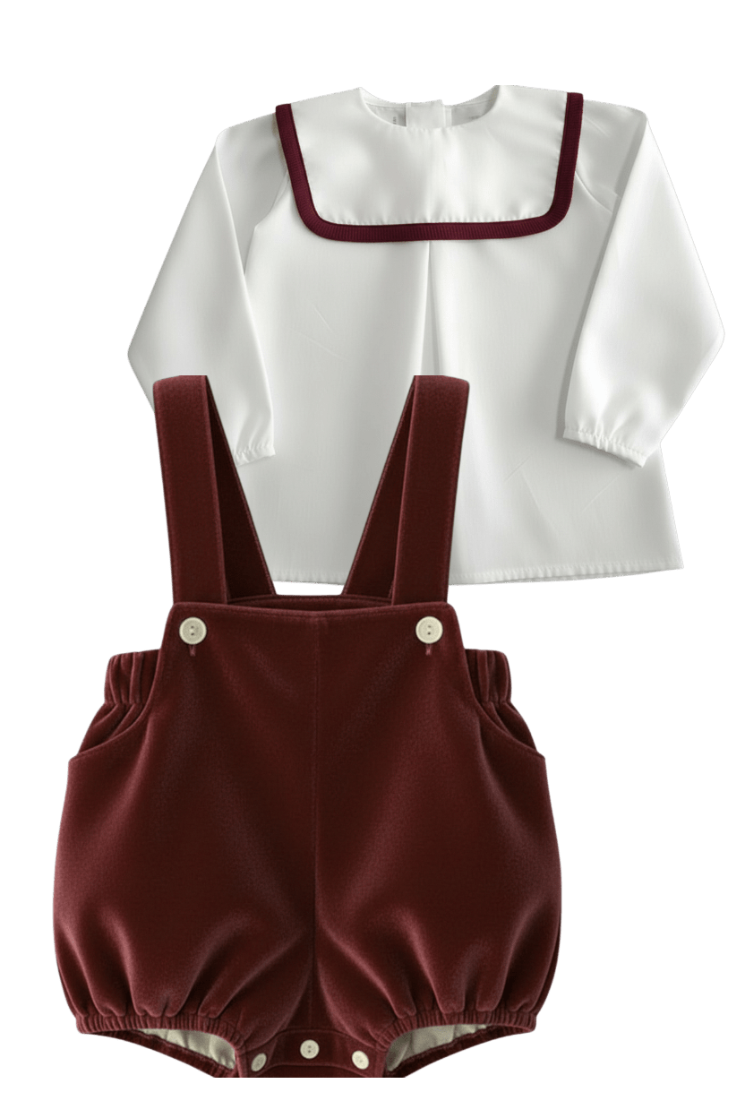 Be Chic baby boys burgundy velvet romper with ivory shirt luxury Portuguese baby outfit AW26