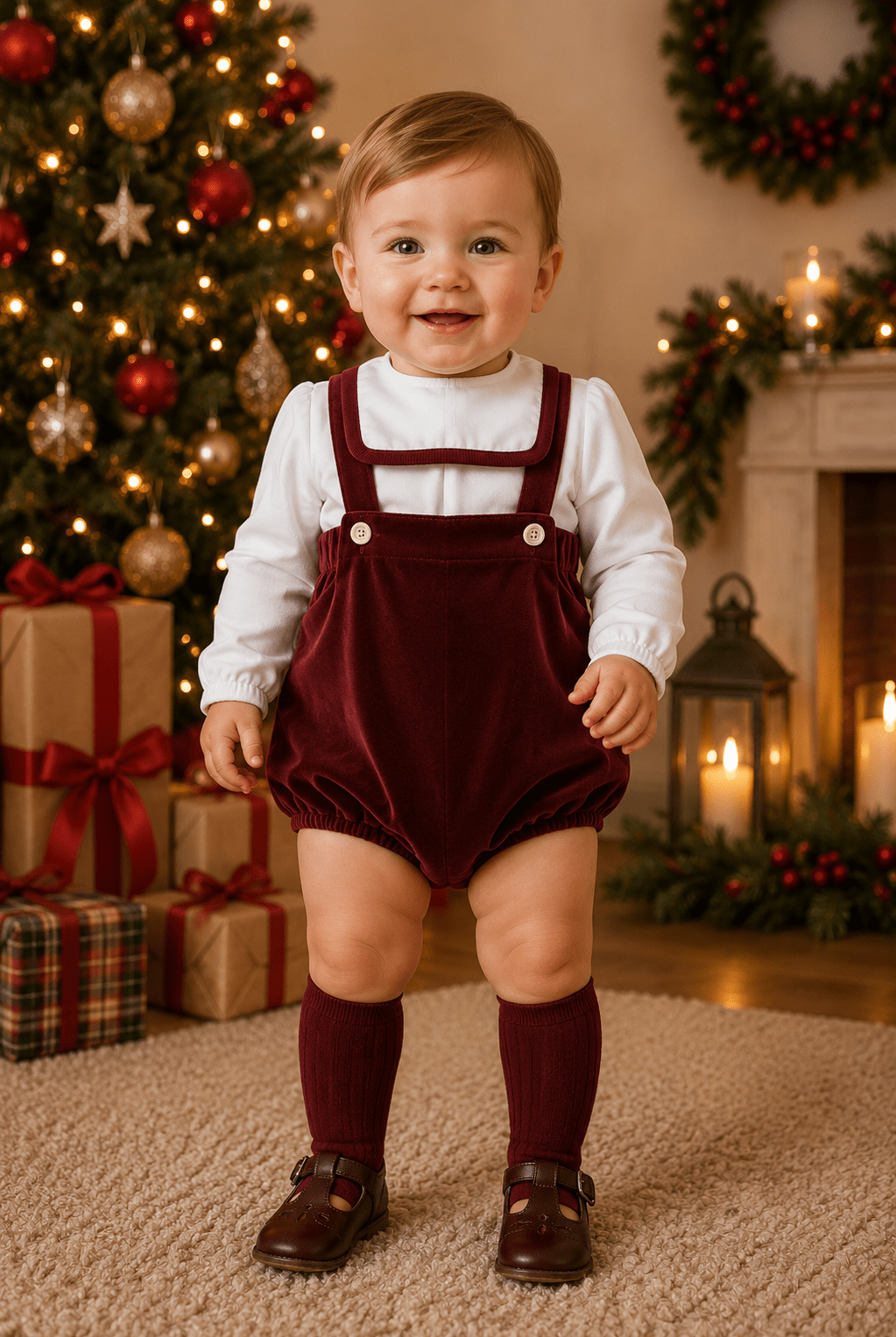 Be Chic baby boys burgundy velvet romper with ivory shirt luxury Portuguese baby outfit AW26
