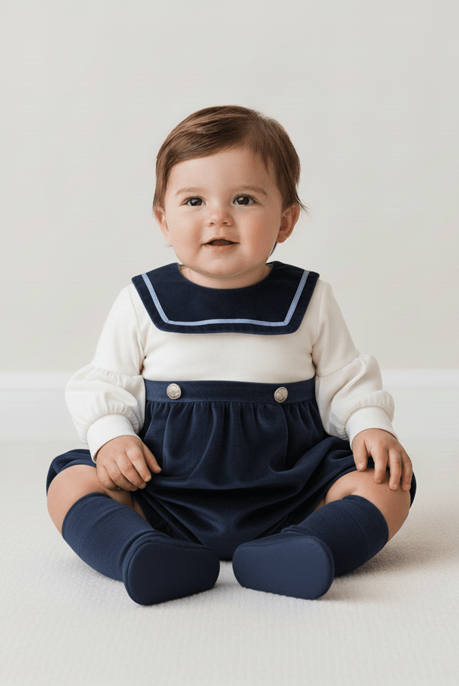 Be Chic baby boys navy velvet romper with ivory sailor collar made in Portugal AW26