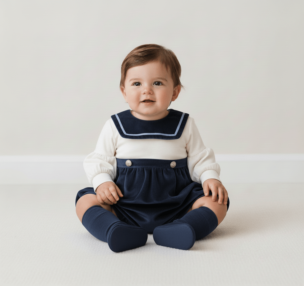 Be Chic baby boys navy velvet romper with ivory sailor collar made in Portugal AW26
