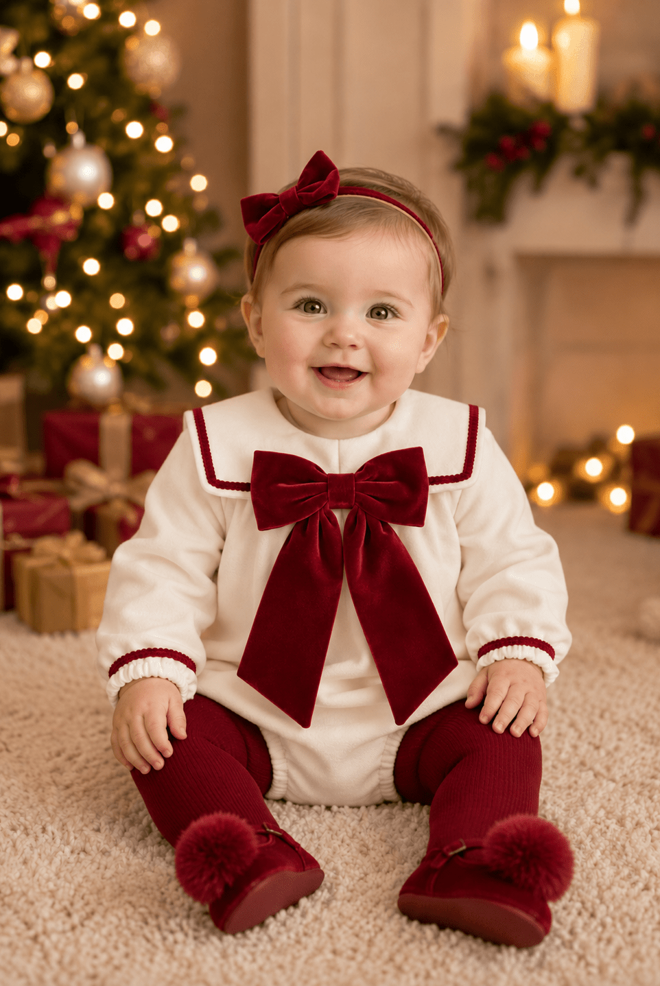 Be Chic Baby Girls Ivory and Burgundy Velvet Bow Romper | AW26