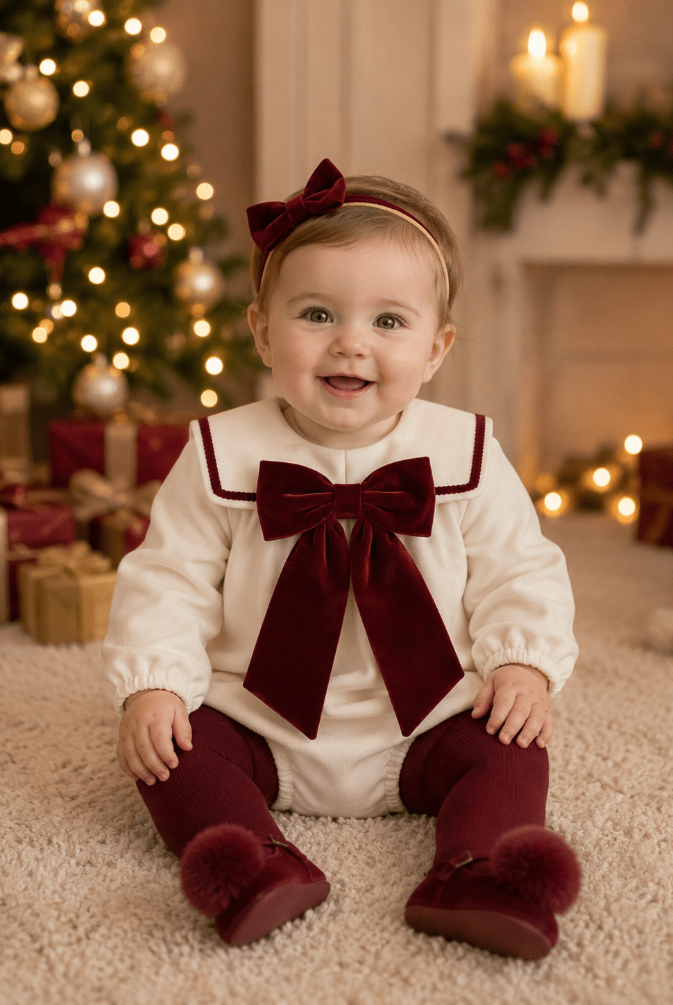 Be Chic baby girls ivory romper with burgundy velvet bow and sailor collar made in Portugal AW26