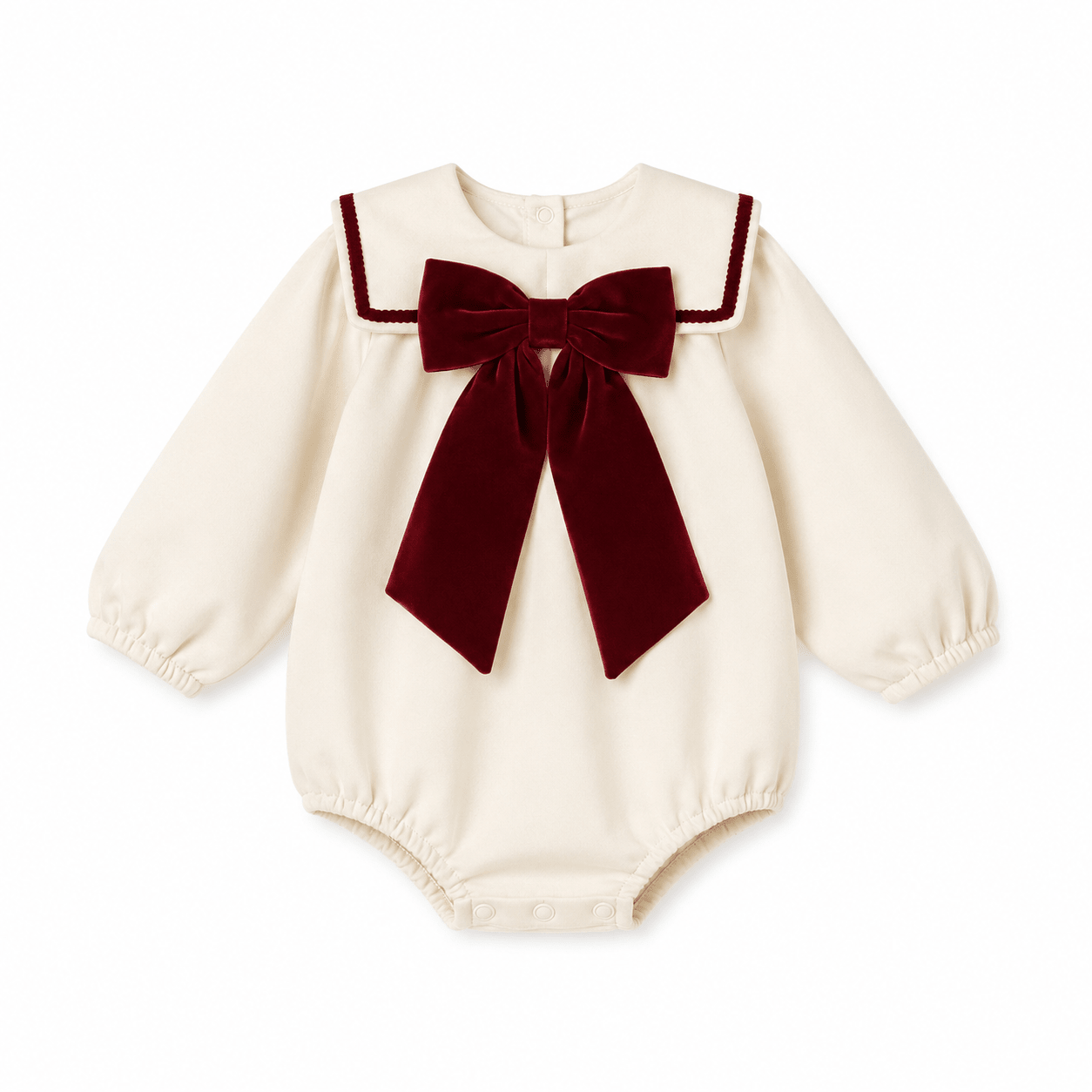An off-white long-sleeve baby bodysuit featuring a large dark red velvet bow and matching trim on the collar, displayed against a solid white background.