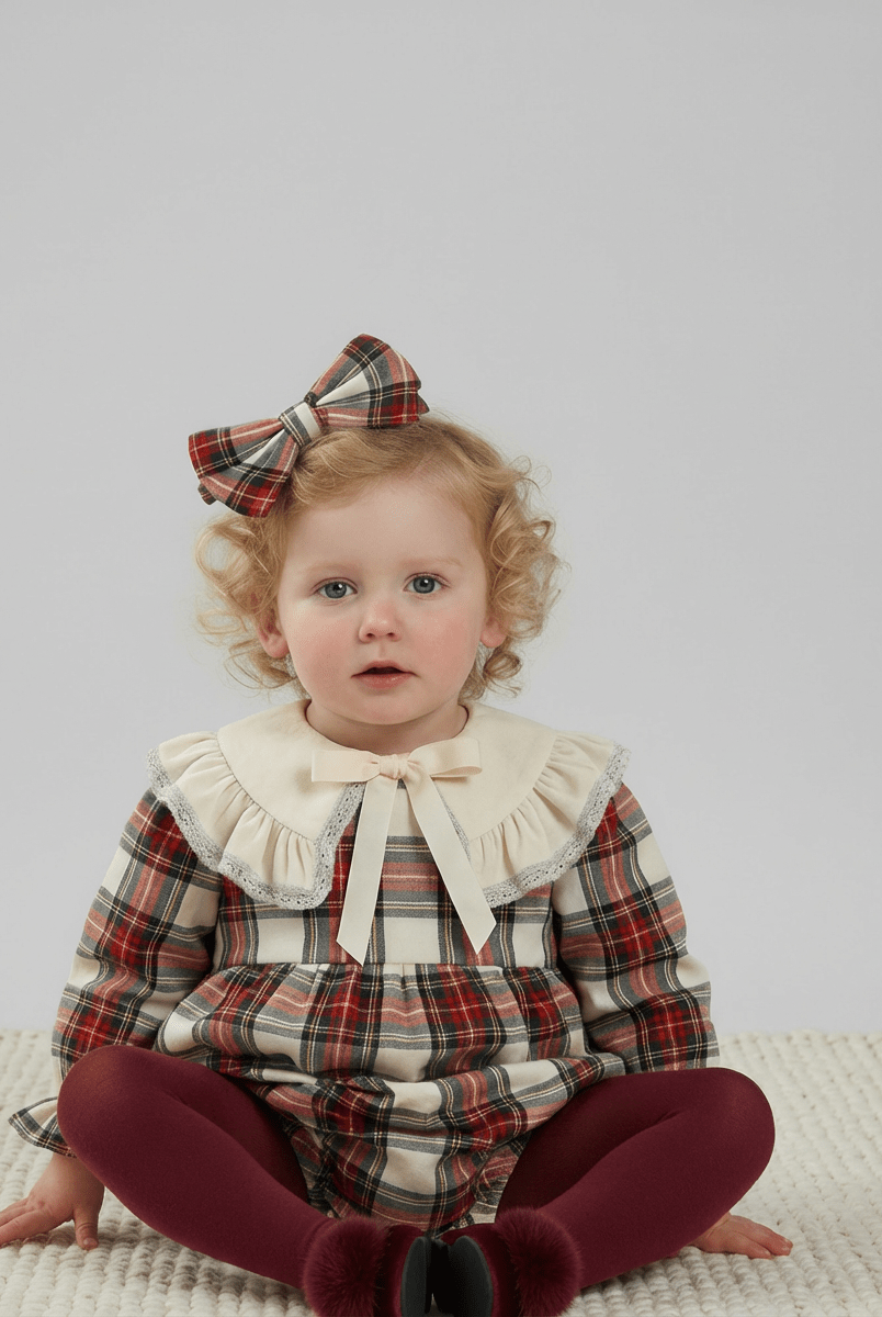 Be Chic baby girls ivory tartan romper with Peter Pan collar and satin bow made in Portugal AW26