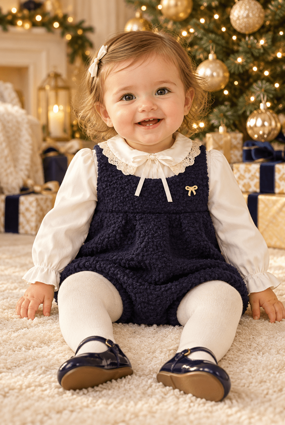 A toddler girl sitting on a white shag rug in front of a decorated Christmas tree and fireplace. She is wearing a Be Chic navy blue textured boucle romper over a white long-sleeve blouse with a ruffled collar and bow, white tights, and navy Mary Jane shoes.