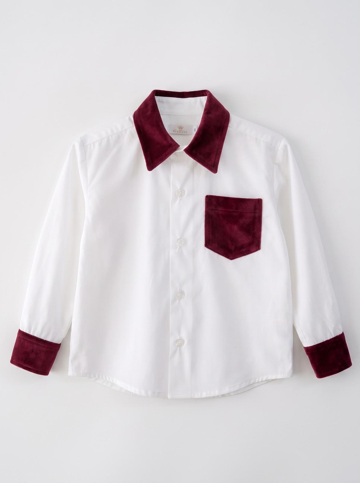 A white long-sleeve button-up shirt with contrasting deep burgundy velvet collar, cuffs, and a matching chest pocket, displayed flat against a light gray background.