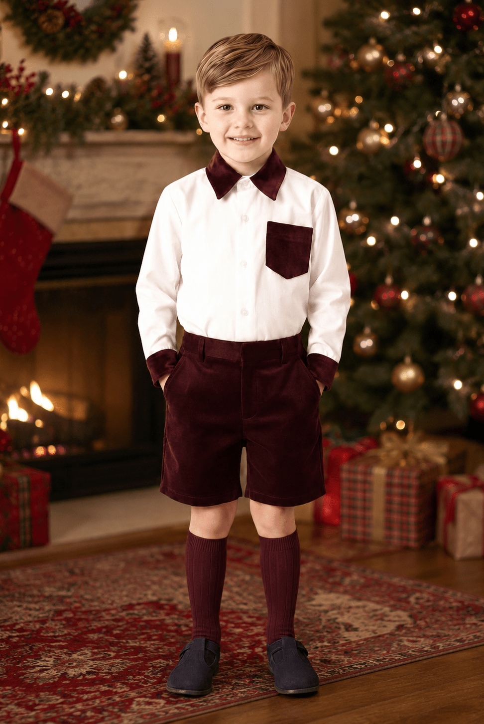 Be Chic boys ivory and burgundy velvet shorts with matching shirt for AW26.