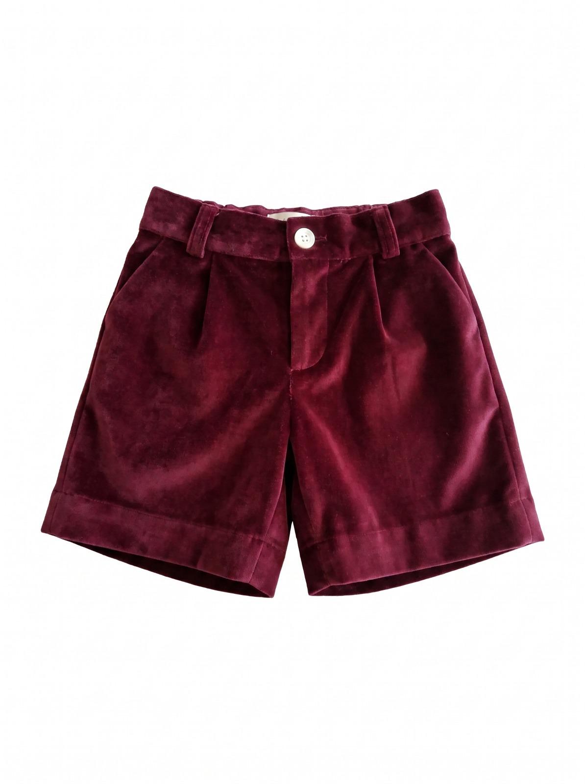 A pair of dark burgundy velvet shorts with pleats and a button closure, displayed flat against a solid white background.