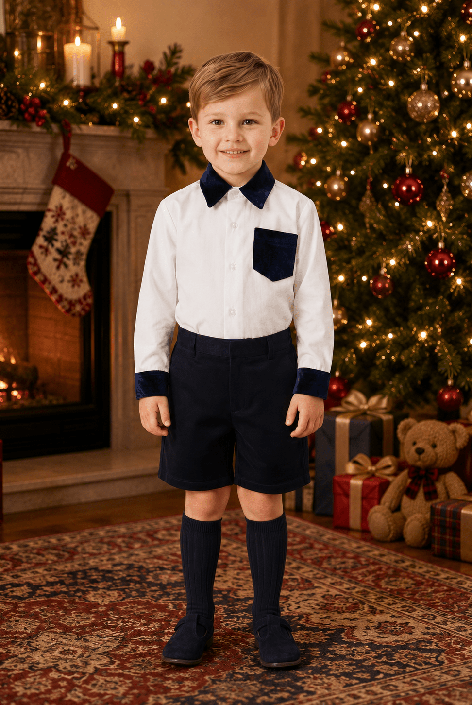 A young boy stands in a holiday-themed room wearing a white long-sleeve shirt with dark navy collar, cuffs, and chest pocket, paired with navy shorts and navy knee-high socks. A decorated Christmas tree, fireplace, and gifts are visible in the background.